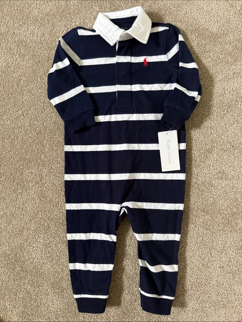 NWT Ralph Lauren Navy & White Striped Polo One-Piece 12M